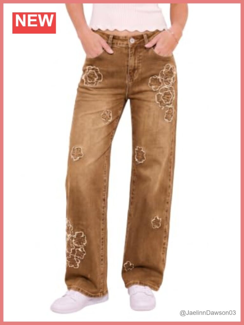High Waisted Straight Leg Jeans with Floral Embroidery and Five Pocket Design